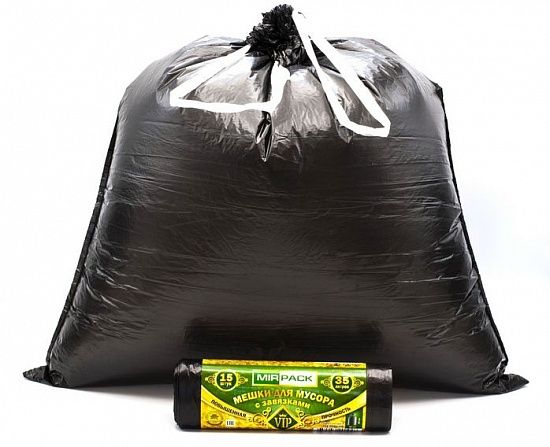 Пакеты для мусора 35 литров с завязками, 15 мкм, ПНД, в рулоне 15 штук, черные, 50х60 см - Вид 2