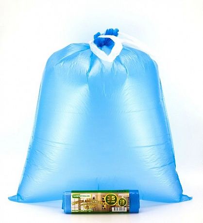 Пакеты для мусора с завязками 35л, 15 мкм, 15 шт, ПНД, синие, с ручками - Вид 2