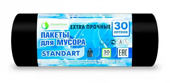 Мешки для мусора 30 л 7 мкм , черные GreenClean (ПНД, в рулоне 30 шт ...